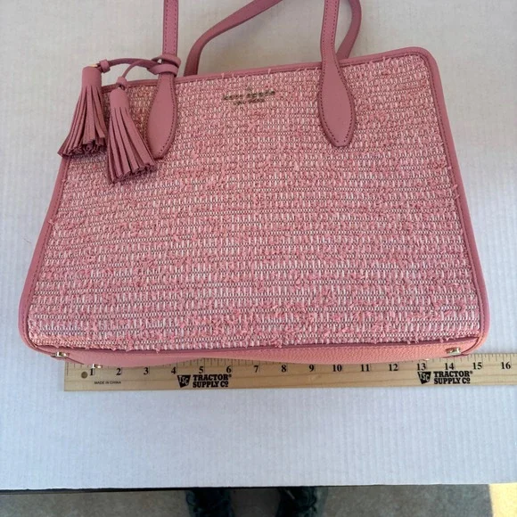 Kate Spade Rowe Summer Tweed Pink Raffia Leather Medium Satchel Bag NEW - Picture 10 of 16